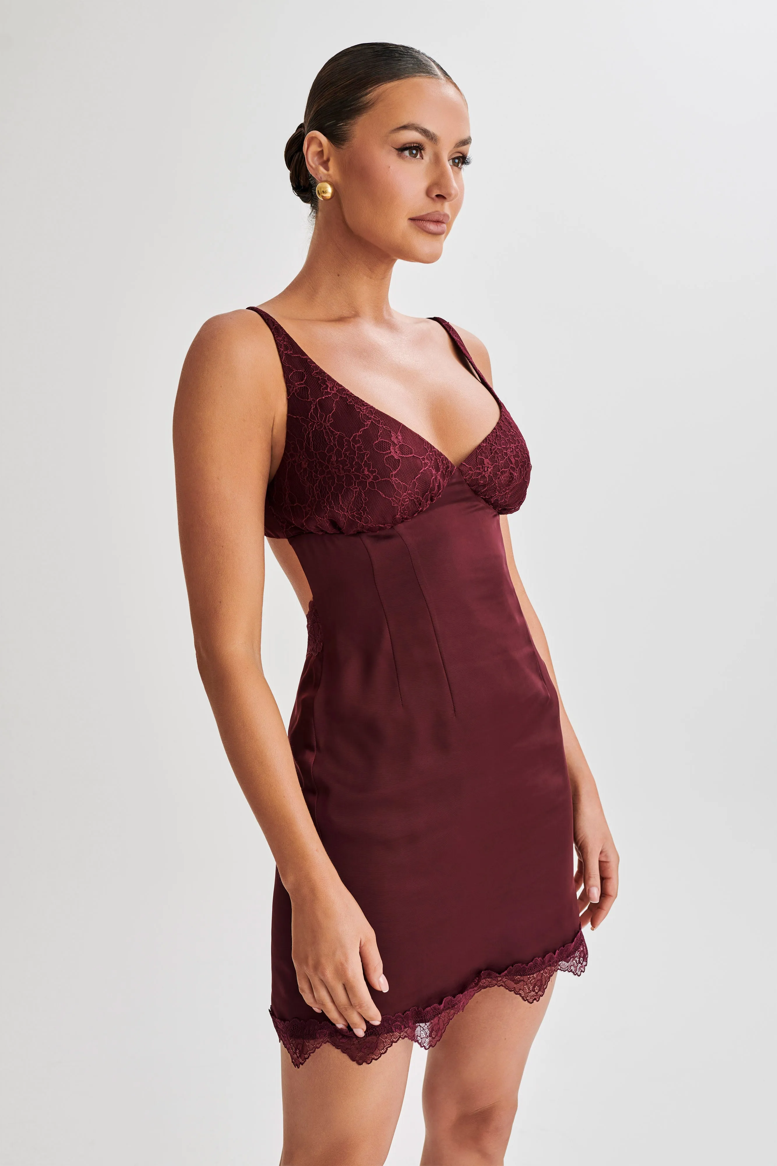 Alondra Satin Mini Dress With Lace - Plum