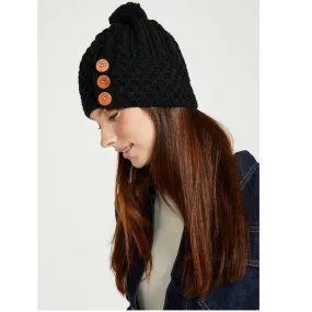 Aran 3 Button Merino Hat Black One Size