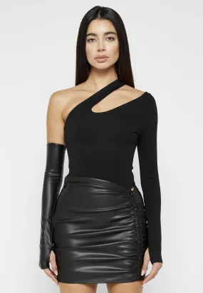 Asymmetric Bodysuit with Leather Sleeve - Black