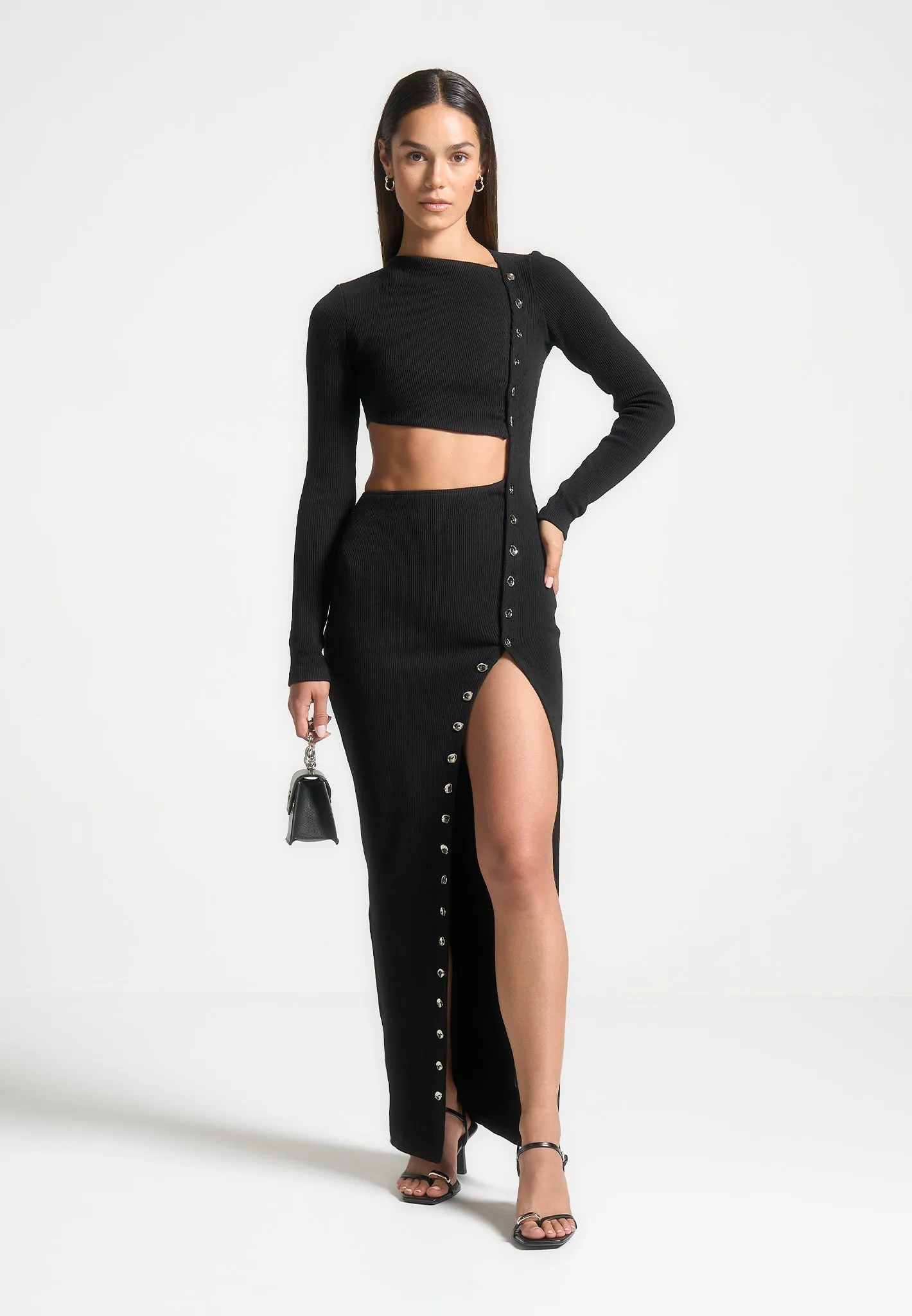 Asymmetric Button Up Cut Out Maxi Dress - Black