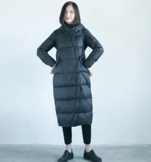 Asymmetry Hooded Long Winter Duck Down Jacket Large Collar Down Jacket Women