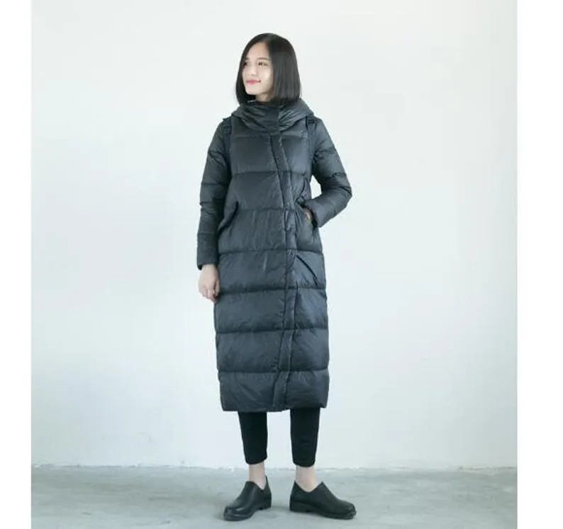 Asymmetry Hooded Long Winter Duck Down Jacket Large Collar Down Jacket Women