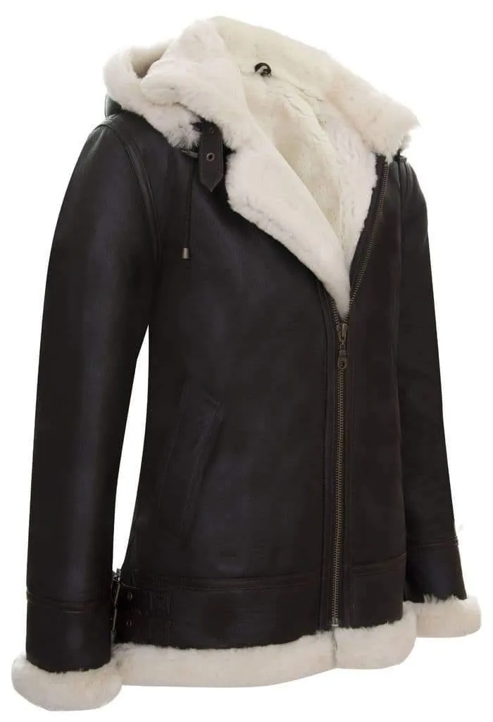 B3 Sheepskin Jacket with Detachable Hood in Brown & Cream