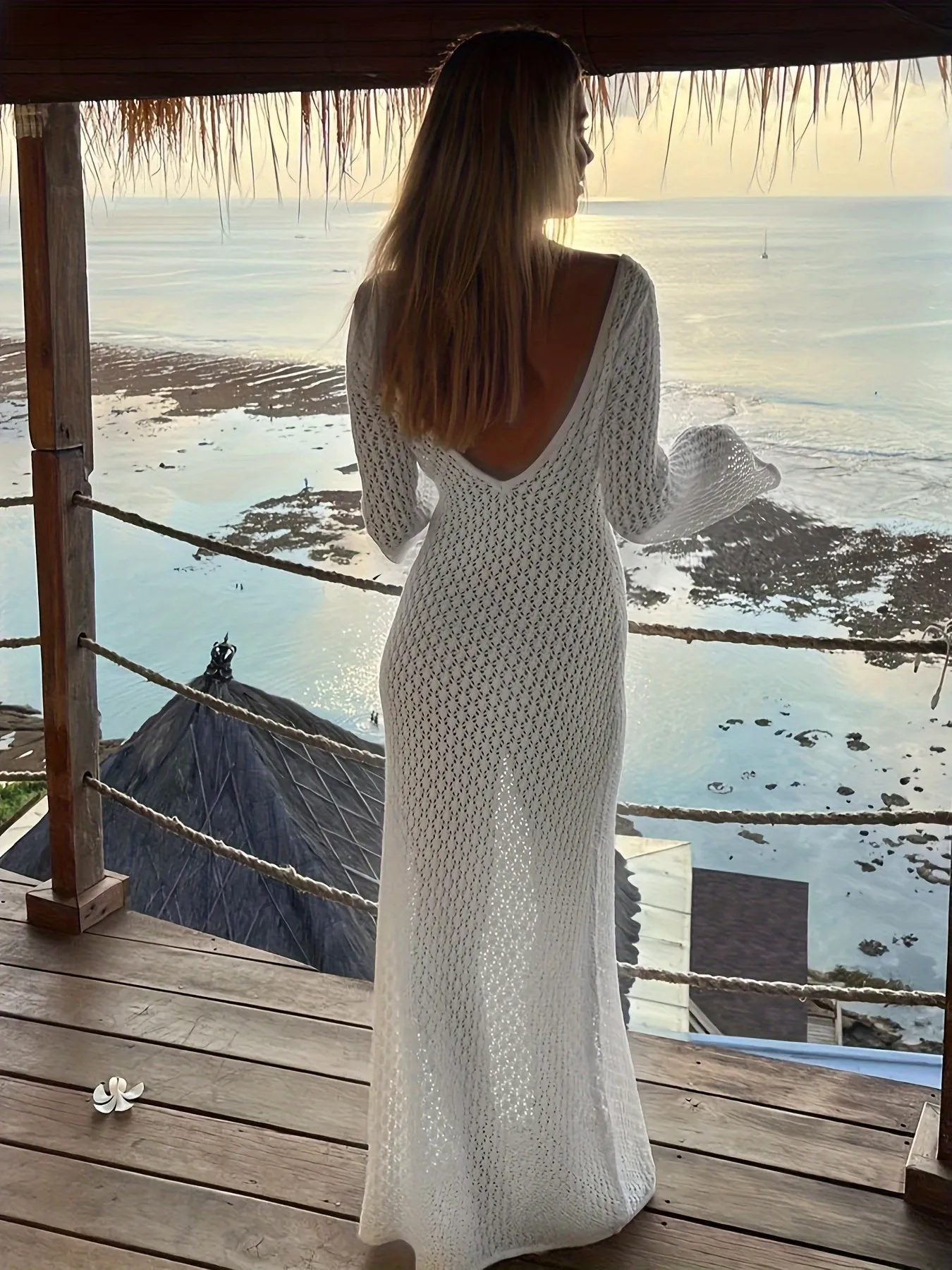 Backless Hollow Out V Neck Maxi Dress, Elegant Long Sleeve Dress For Spring & Fall, Women's Clothing