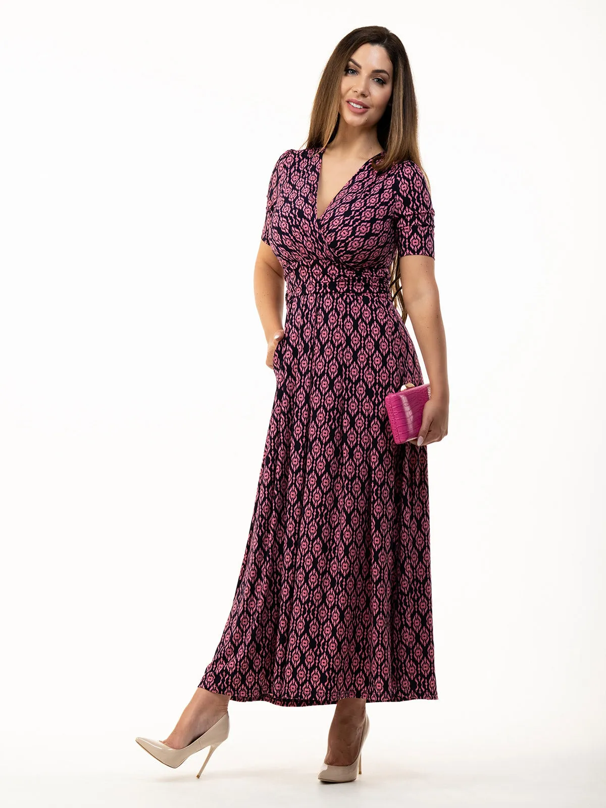 Beatrice Jersey Wrap  Maxi Dress, Navy Geo