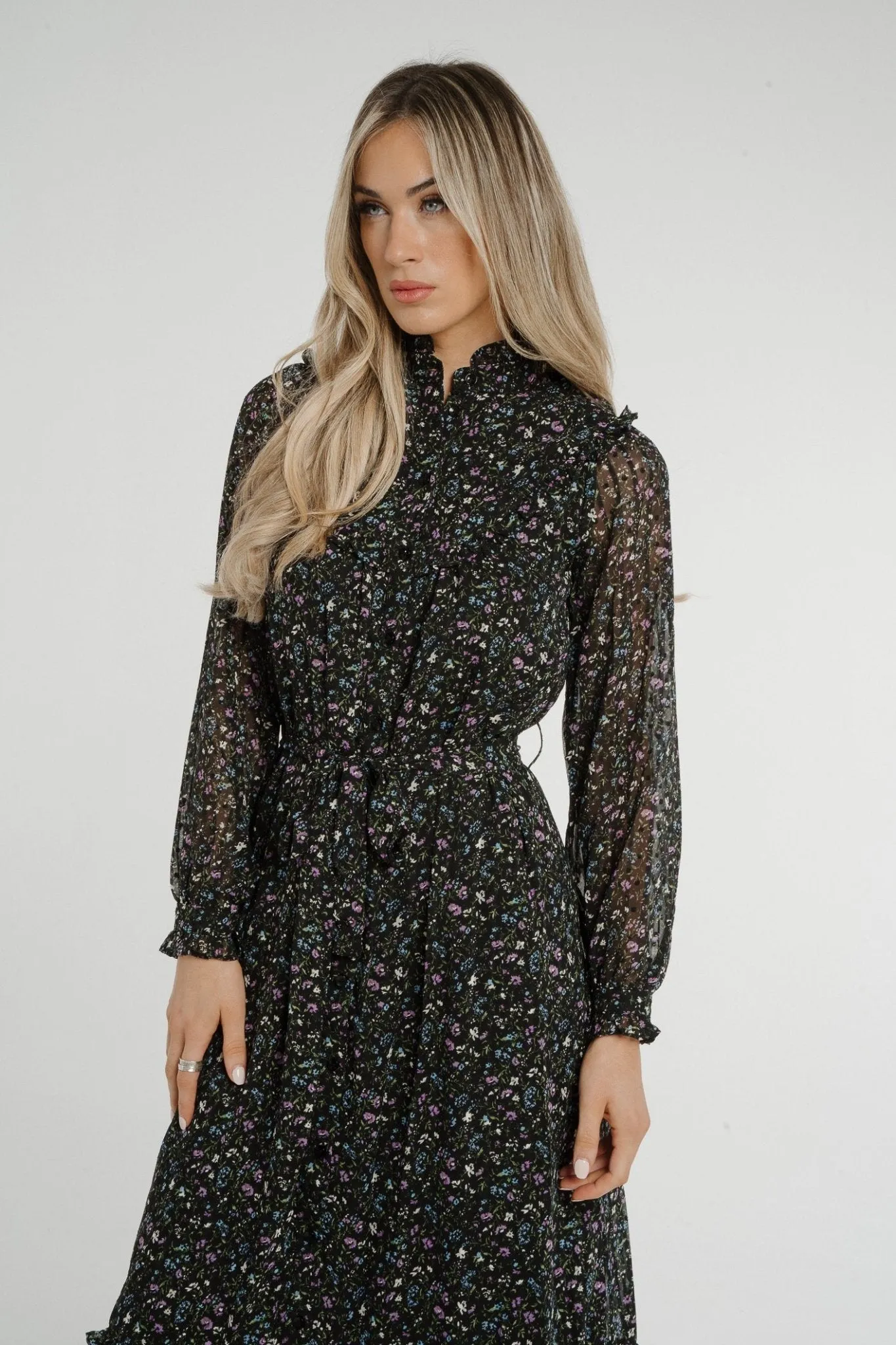 Becca Peplum Shirt Dress In Black Floral