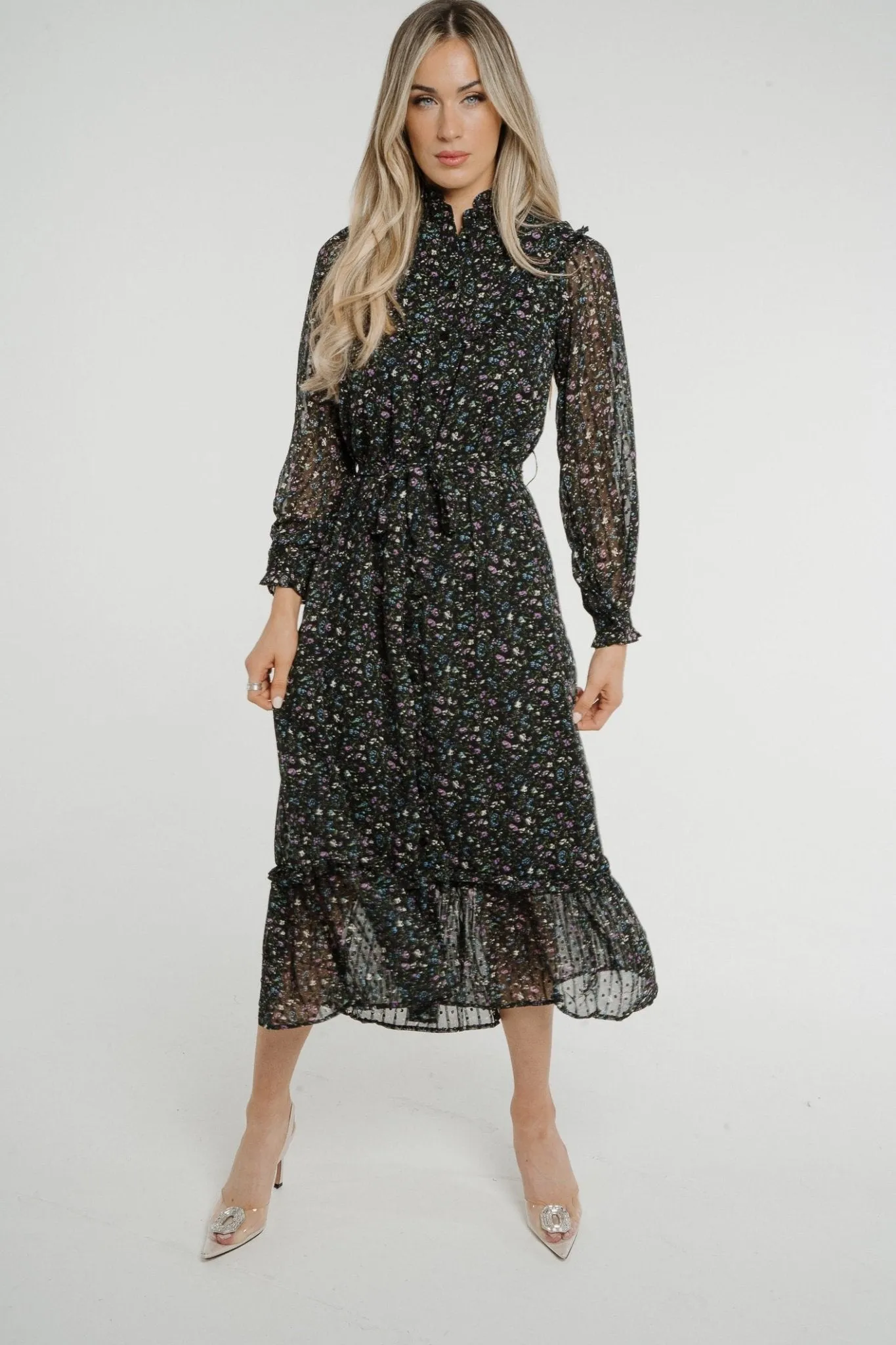 Becca Peplum Shirt Dress In Black Floral