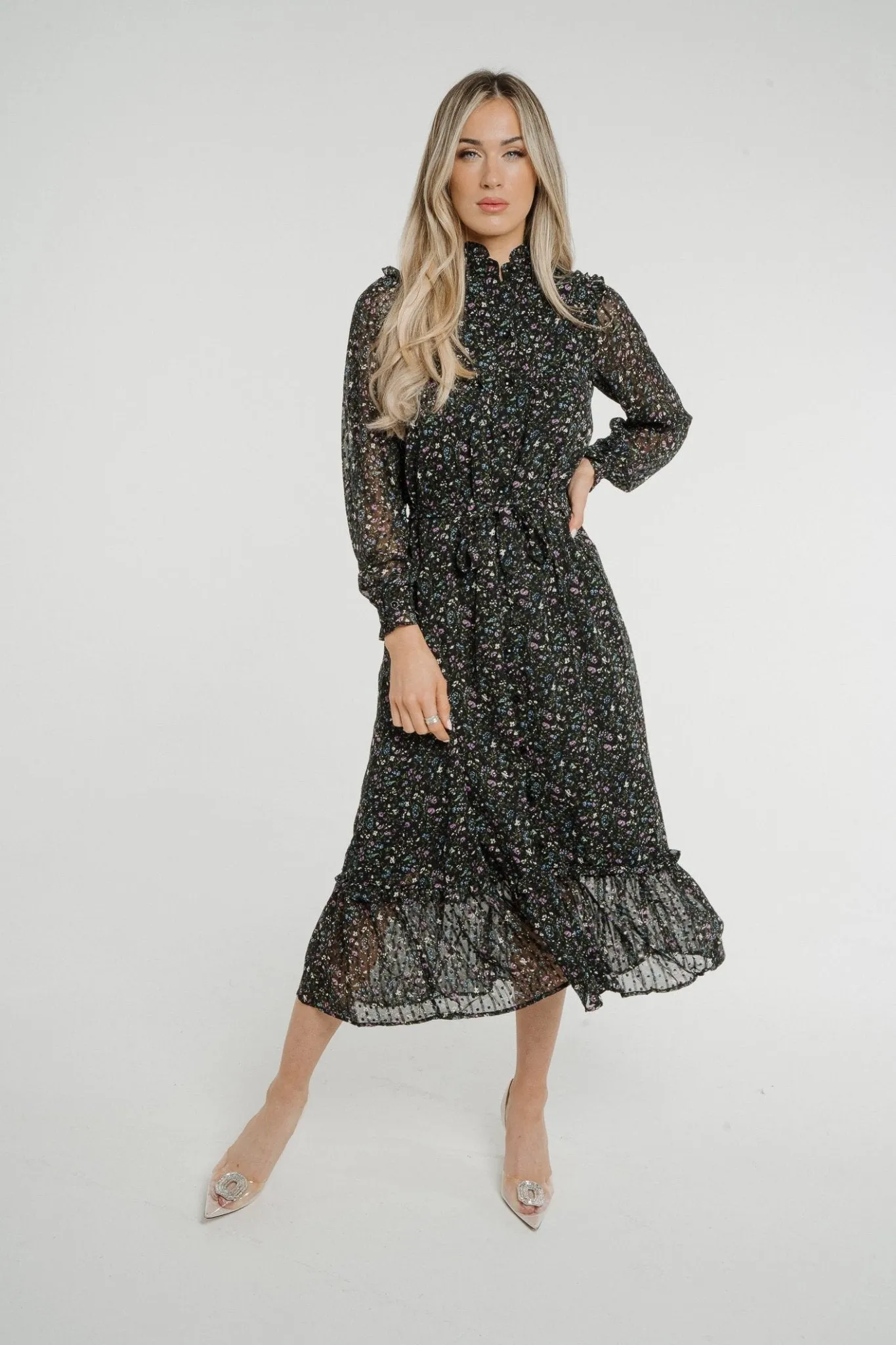 Becca Peplum Shirt Dress In Black Floral