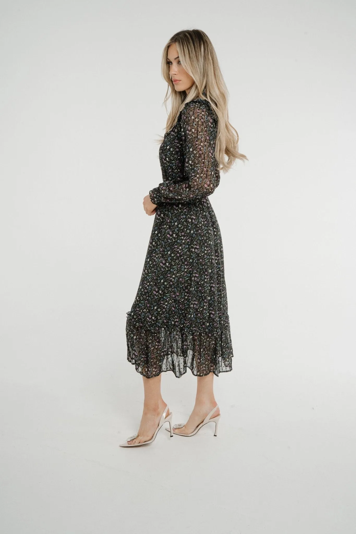 Becca Peplum Shirt Dress In Black Floral