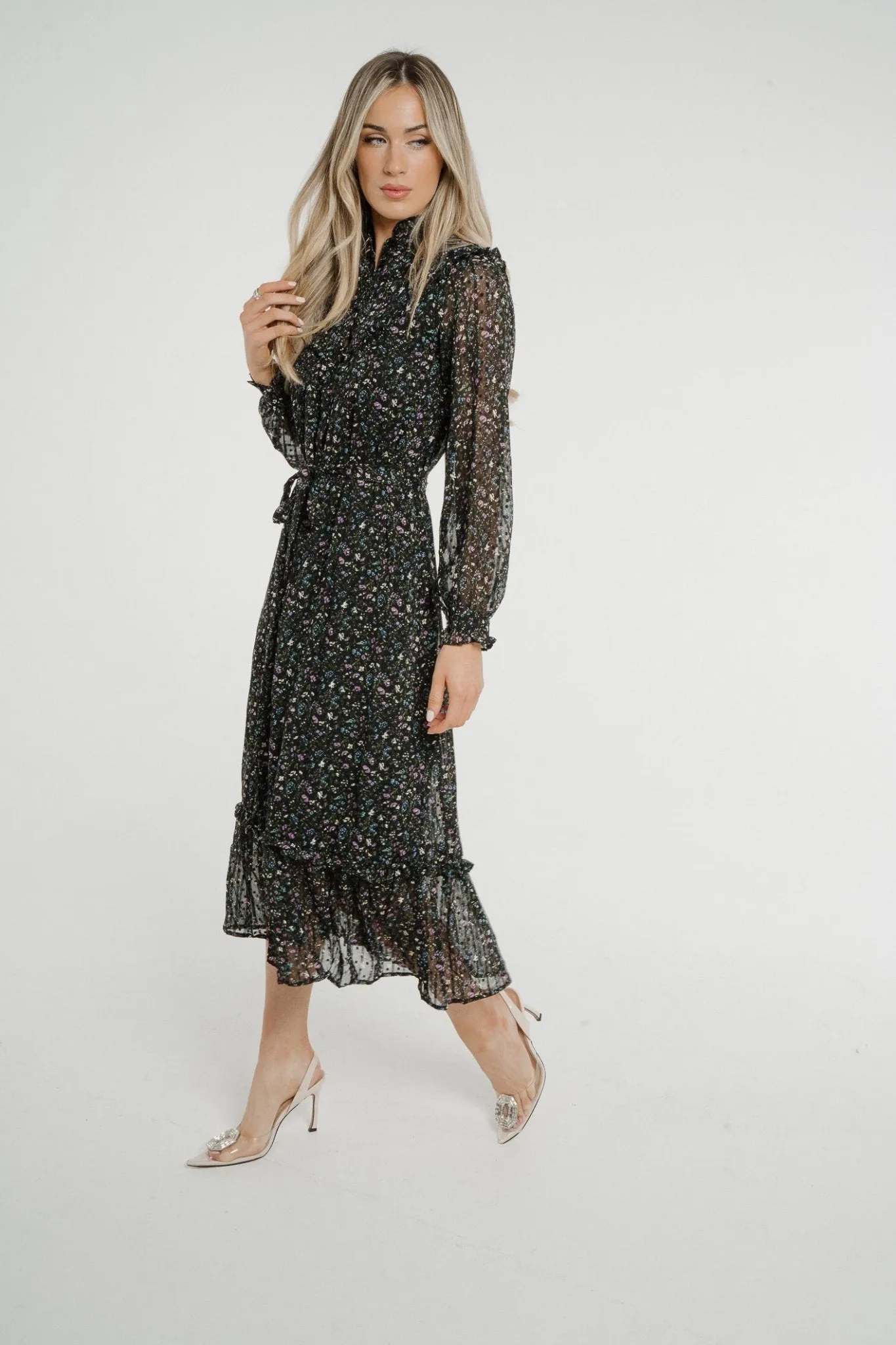 Becca Peplum Shirt Dress In Black Floral