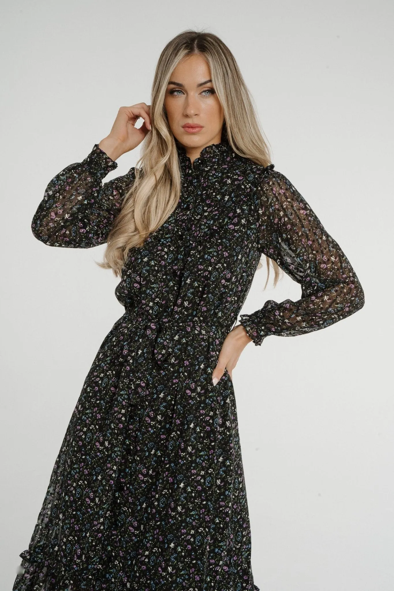 Becca Peplum Shirt Dress In Black Floral