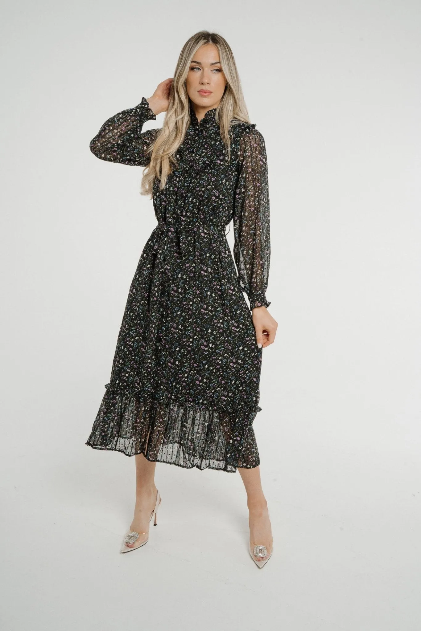 Becca Peplum Shirt Dress In Black Floral