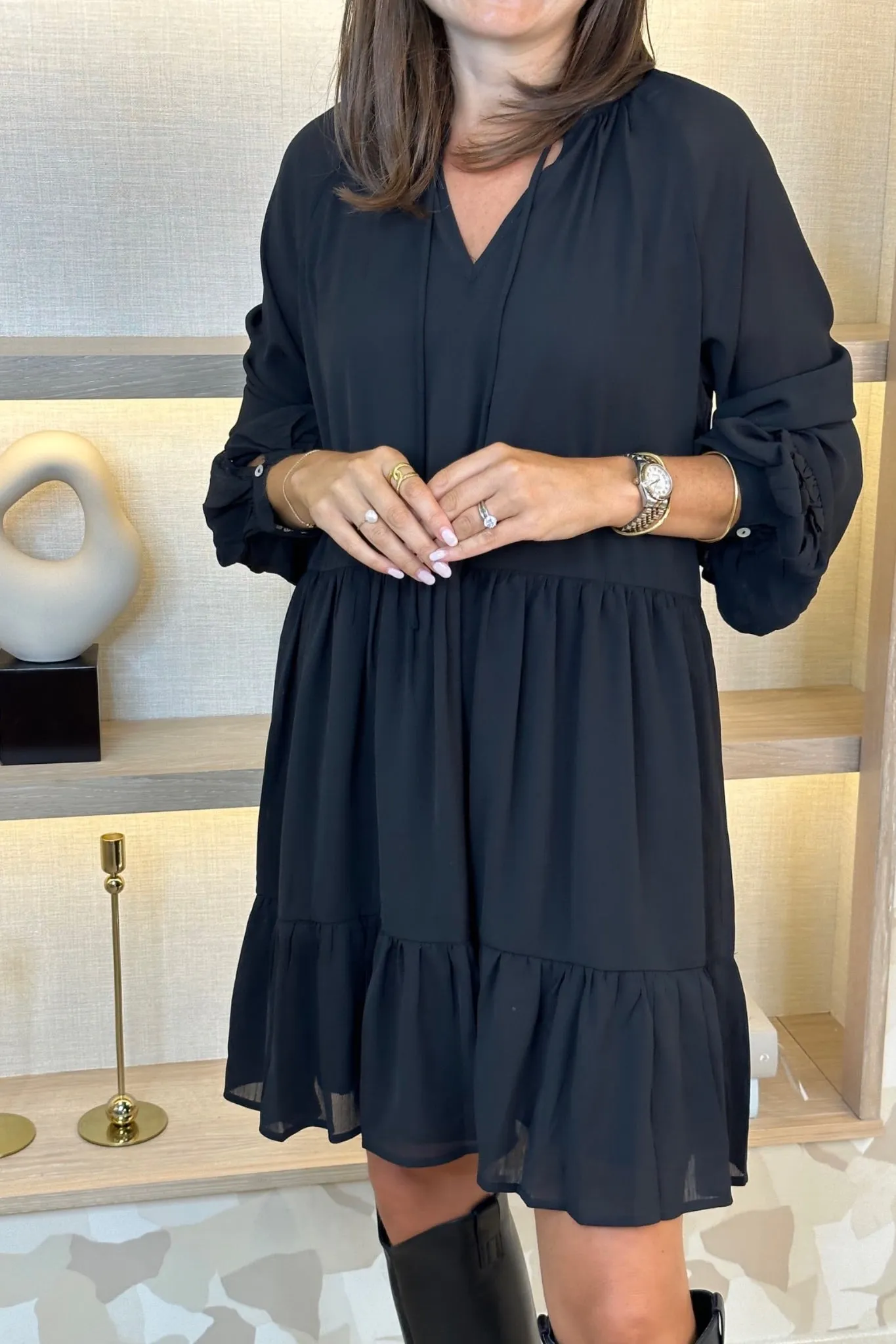 Becca Tiered Sheer Sleeve Dress In Black