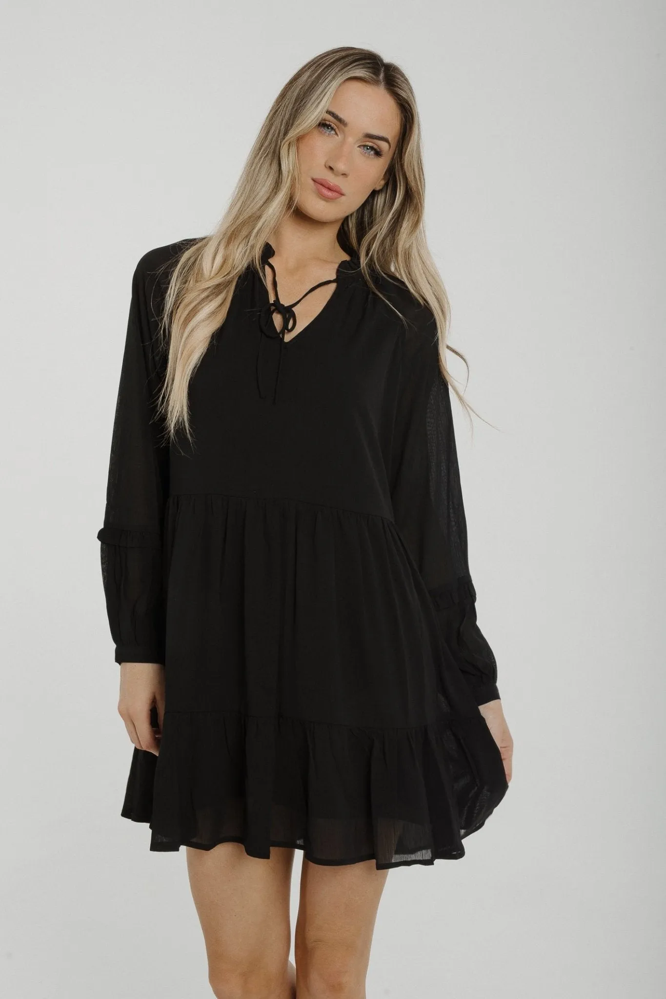 Becca Tiered Sheer Sleeve Dress In Black