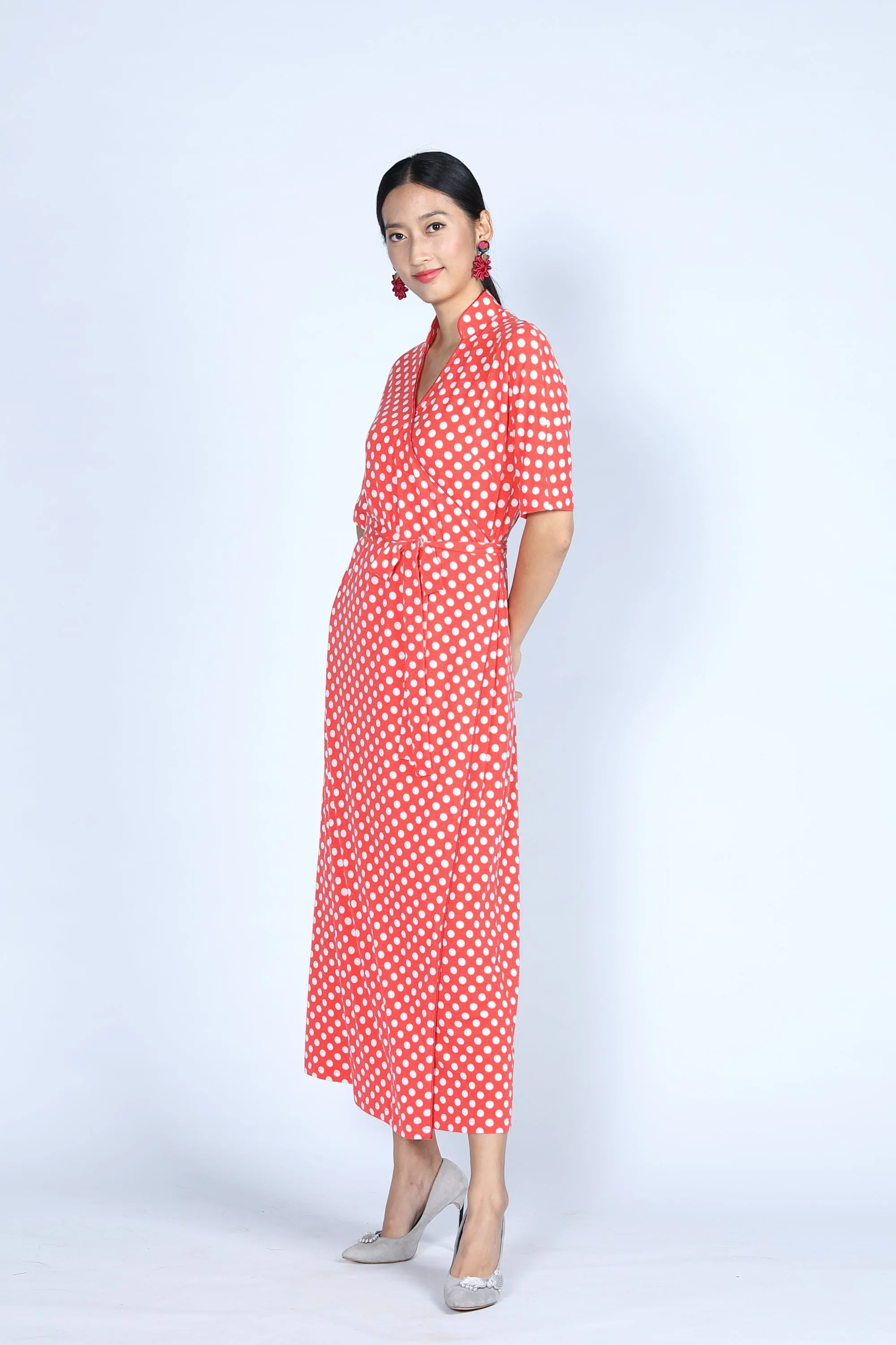 BIANCA Polka dot Long Wrapped Dress (Red/ White)