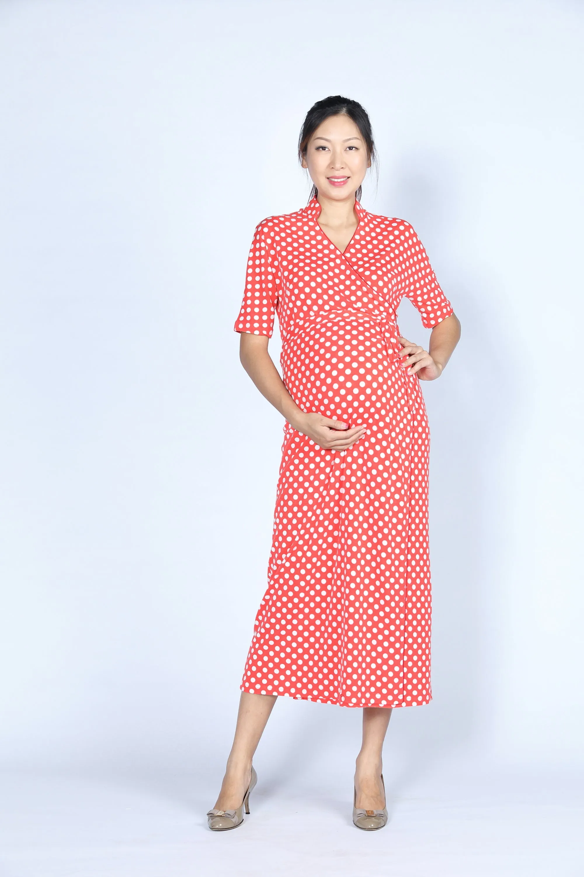 BIANCA Polka dot Long Wrapped Dress (Red/ White)