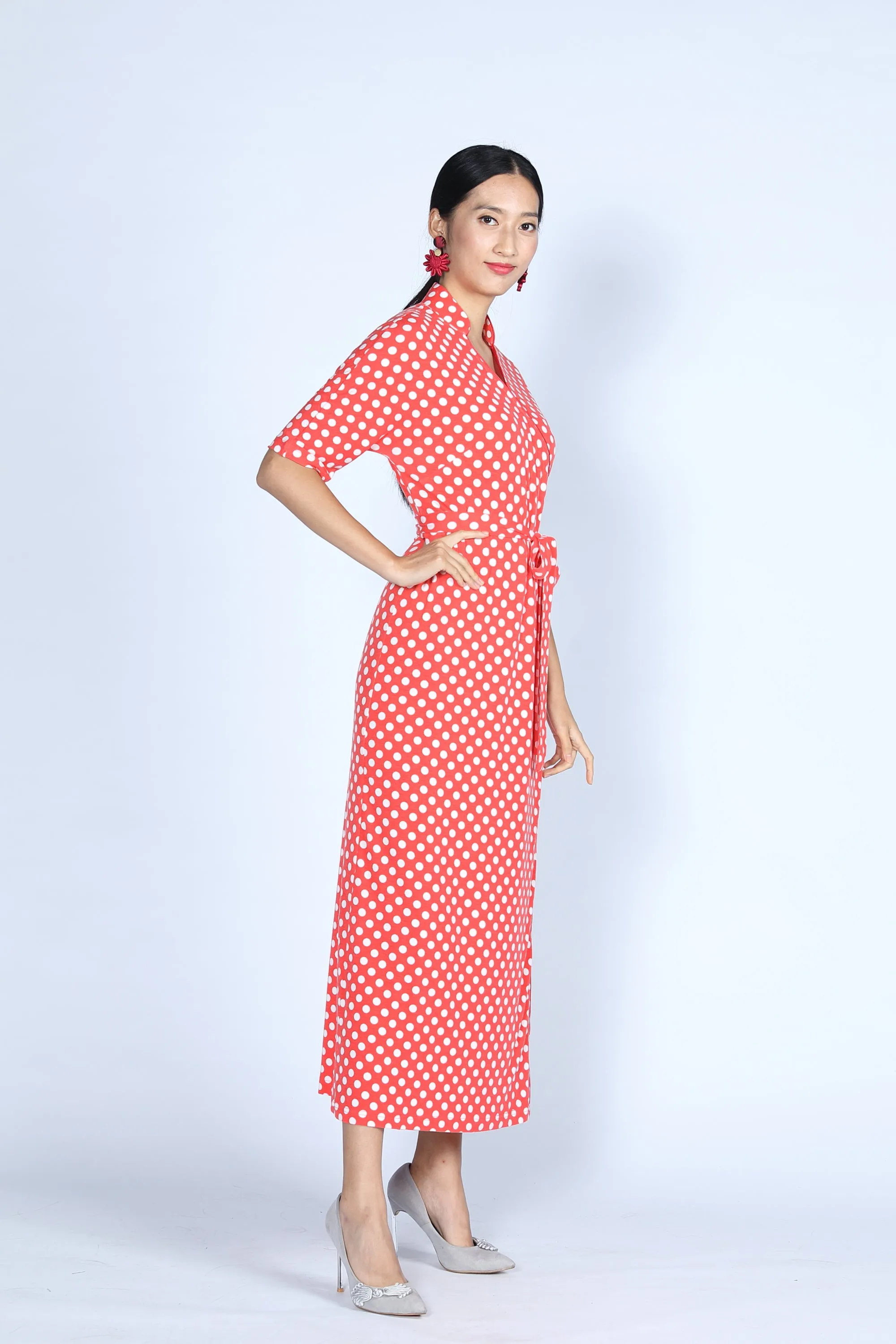 BIANCA Polka dot Long Wrapped Dress (Red/ White)