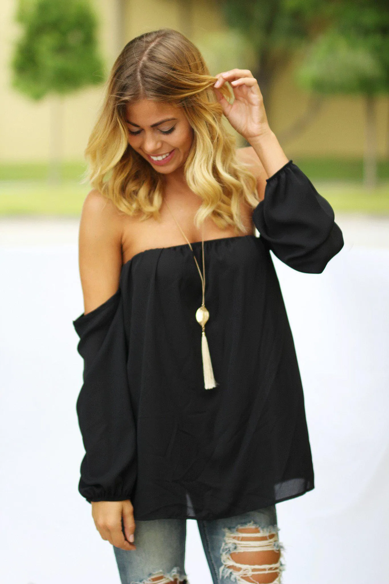 Black Cute Long Sleeve Off Shoulder Top