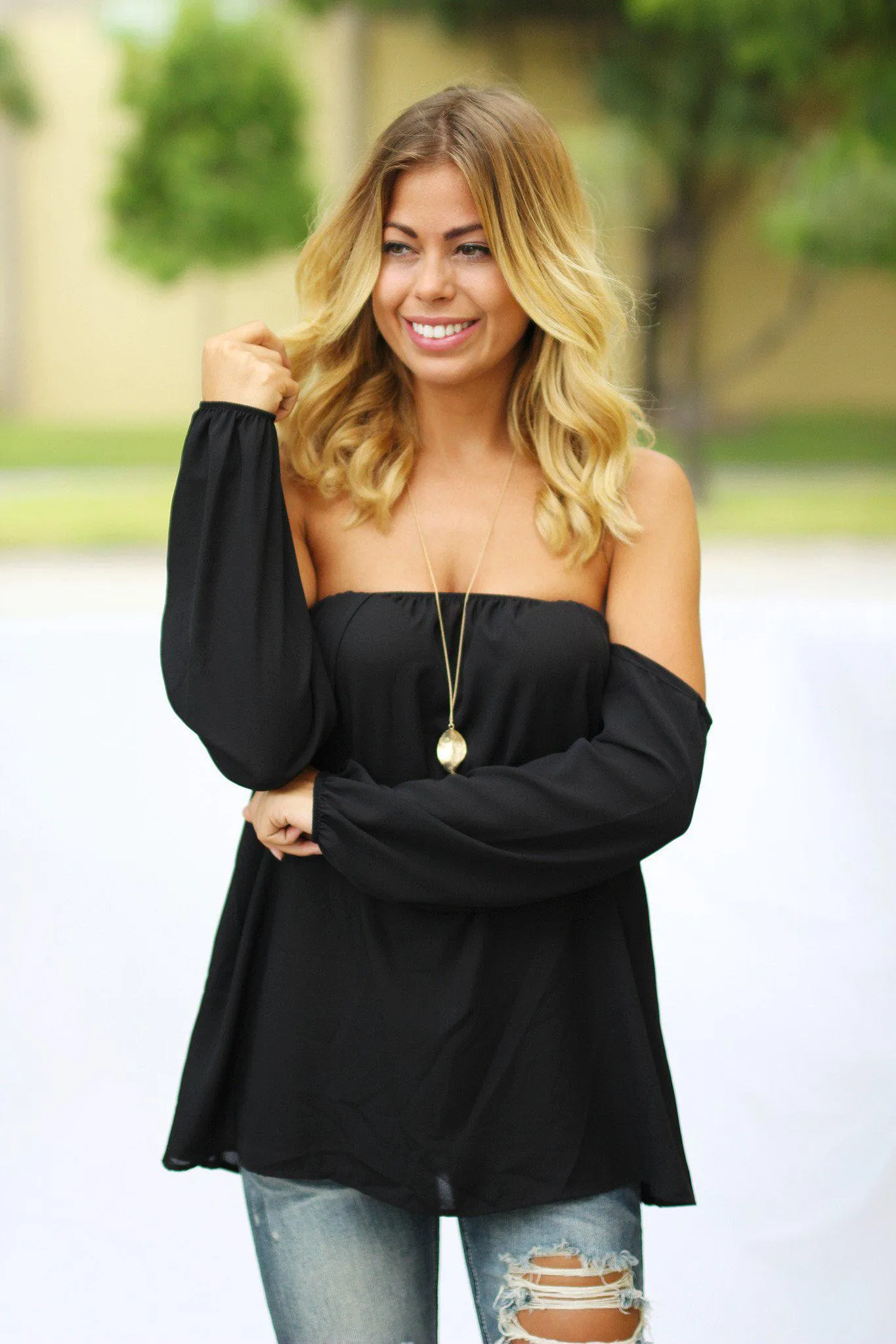 Black Cute Long Sleeve Off Shoulder Top