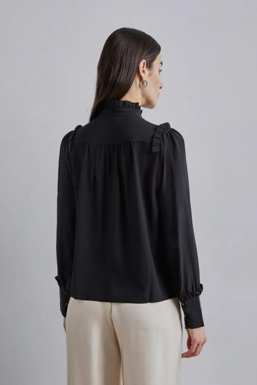 Black Frilled Cuff Blouse Top