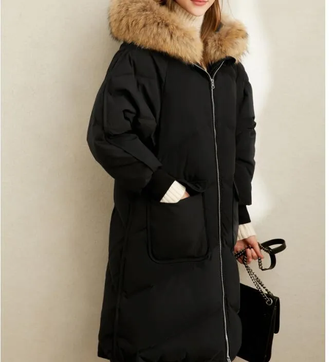 Black Fur Trim Women Winter Loose Plus size Side Pockets Down Jacket Women Down Coats Any Size