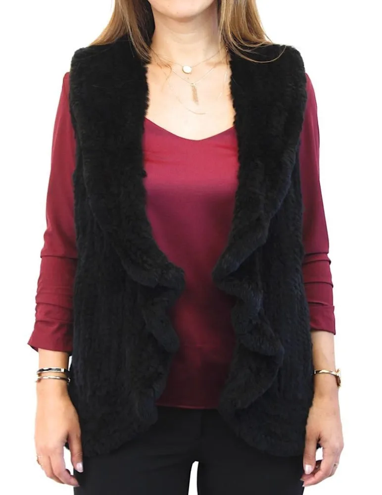 BLACK KNITTED REX RABBIT FUR VEST