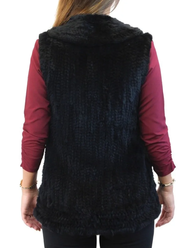 BLACK KNITTED REX RABBIT FUR VEST