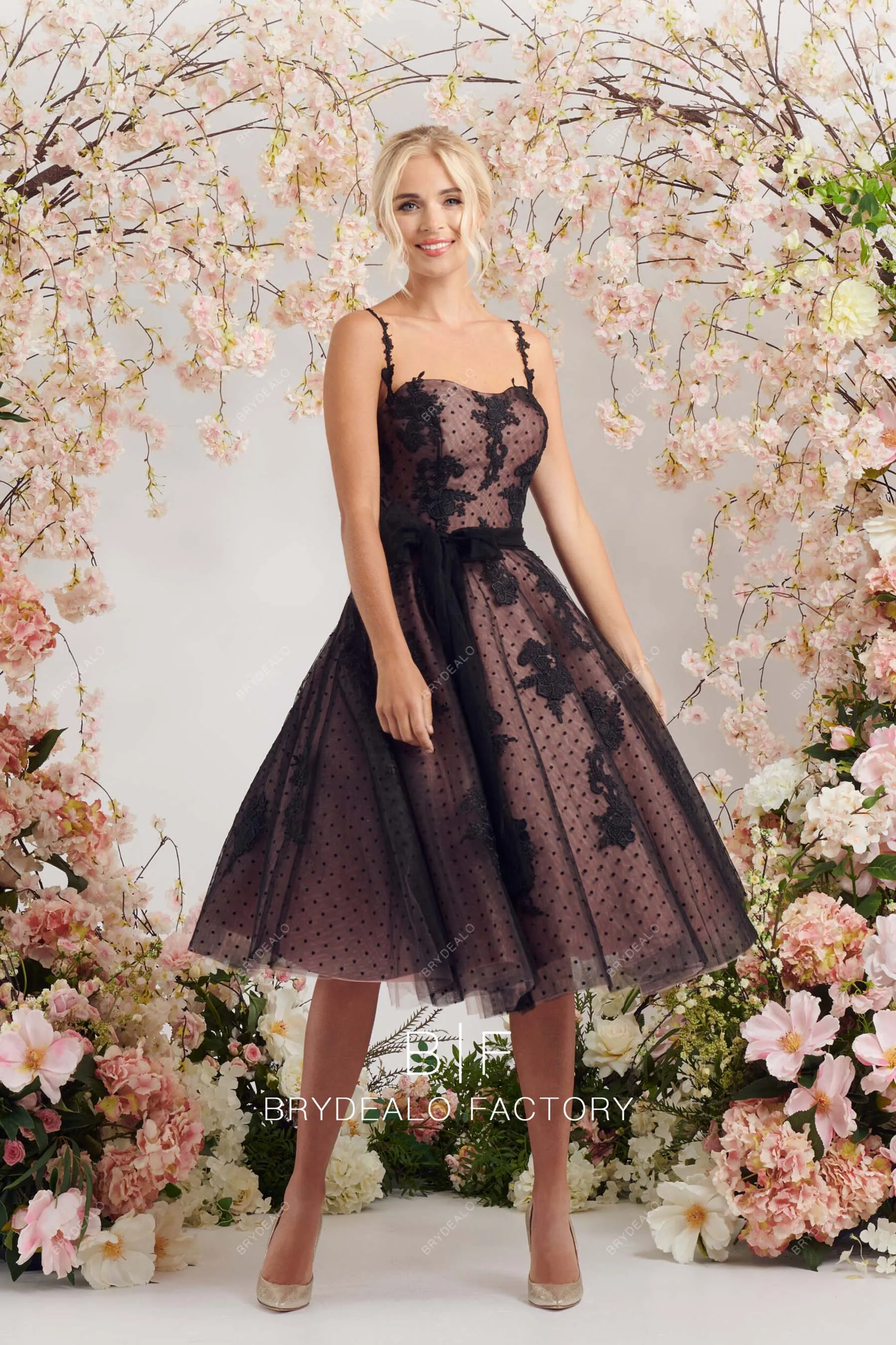 Black Lace Dot Tulle Overlaid Blush Sleeveless Tea Length Bridal Dress