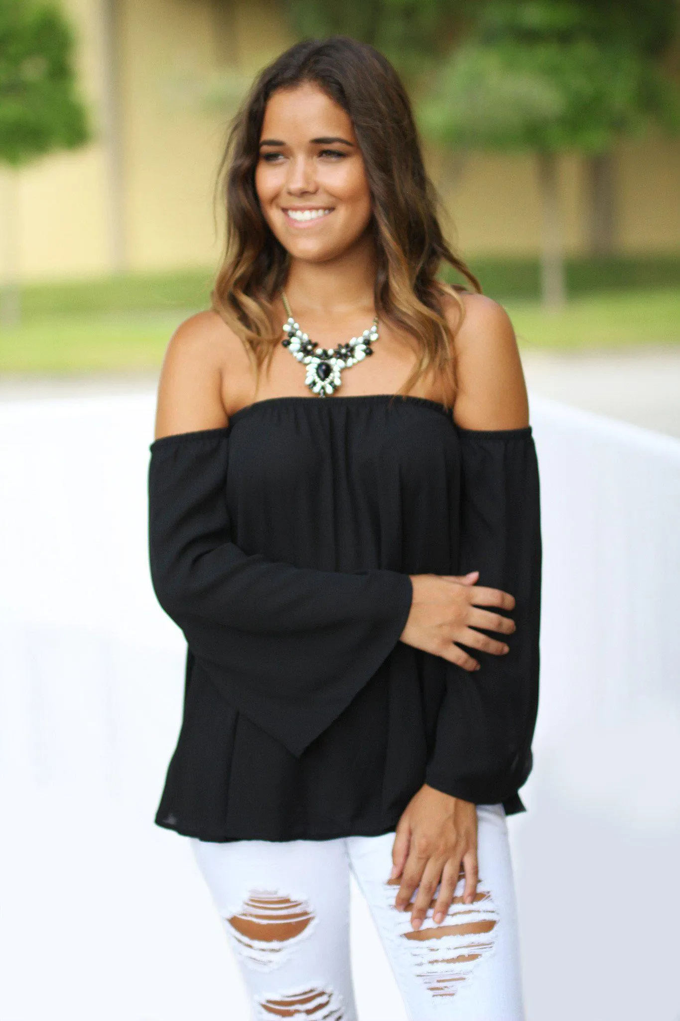 Black Long Sleeve Off Shoulder Top