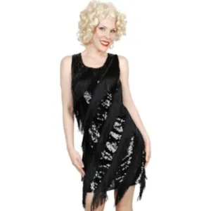 Black Sequin Flapper Costume with Diagonal Fringe