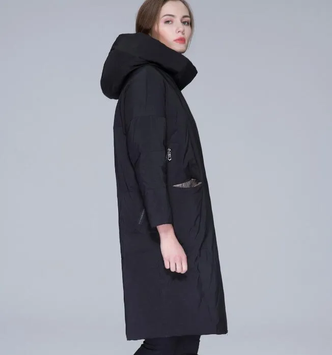 Black Winter Loose Duck Down Jackets Hooded Warm Women Long Down Coat