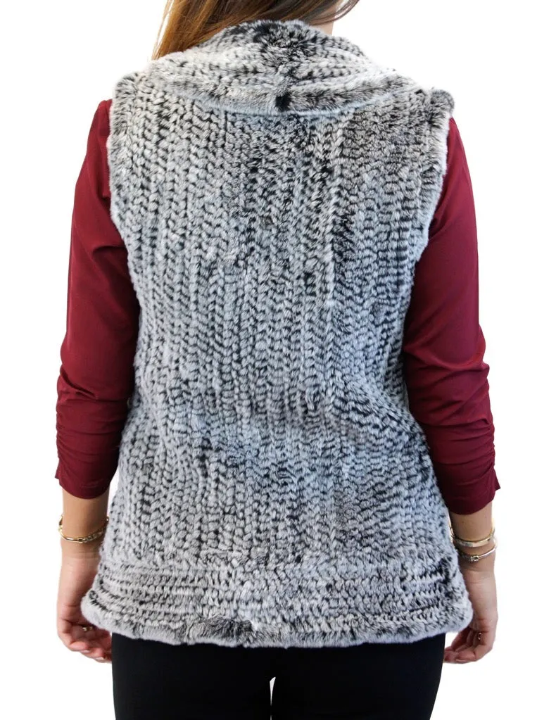 BLACK/GRAY SNOWTOP KNITTED REX RABBIT FUR VEST