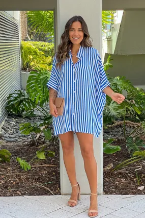 Blue Striped Button Down Shirt Dress