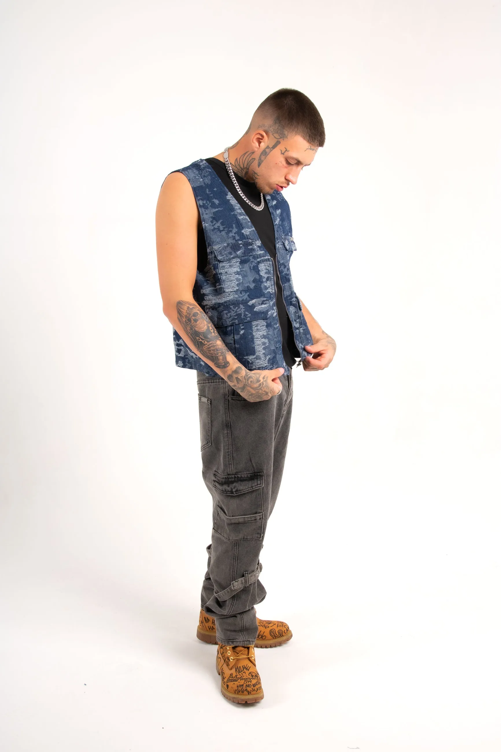 Blue Textured Camo Denim Gilet Vest