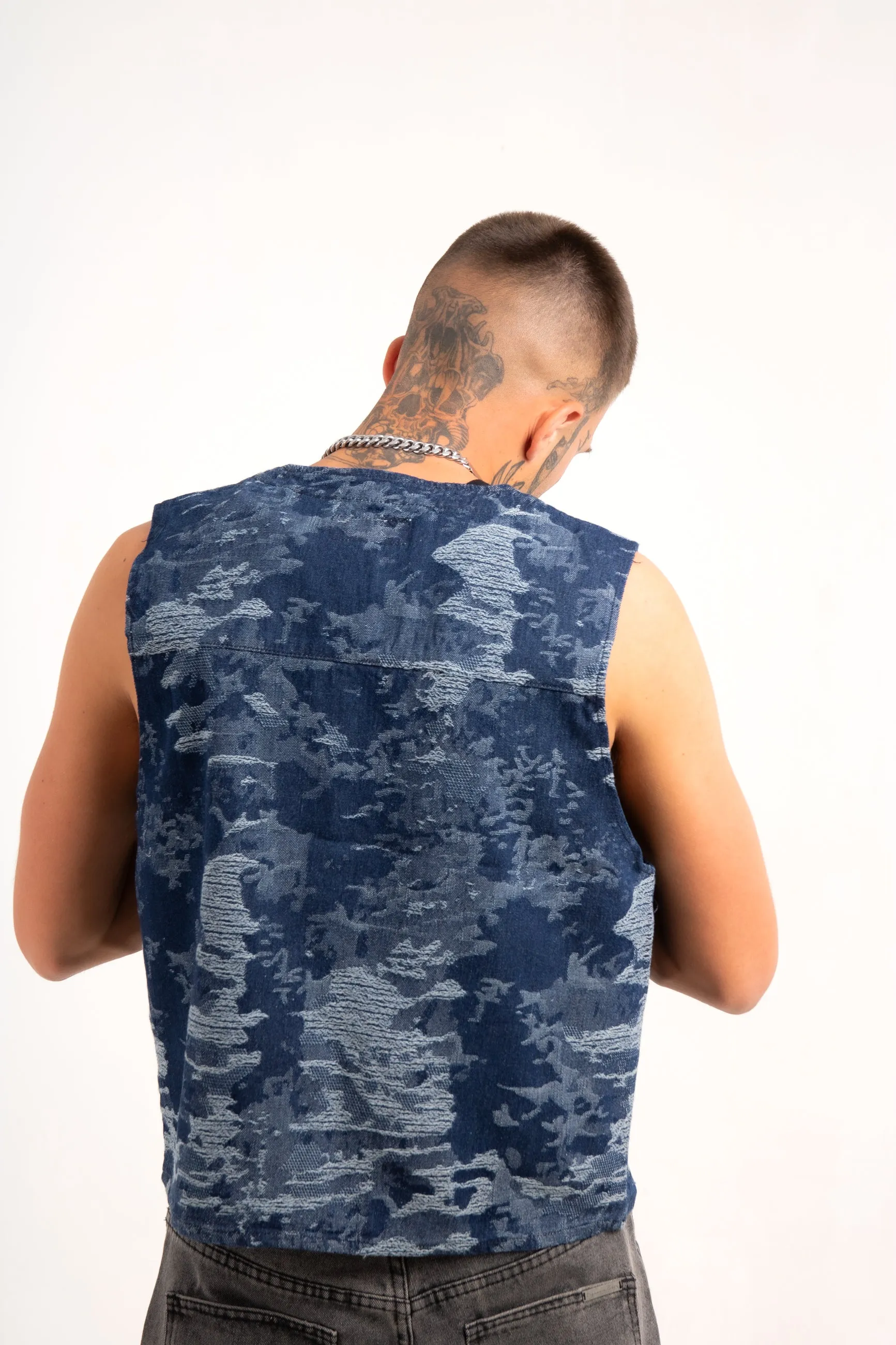 Blue Textured Camo Denim Gilet Vest