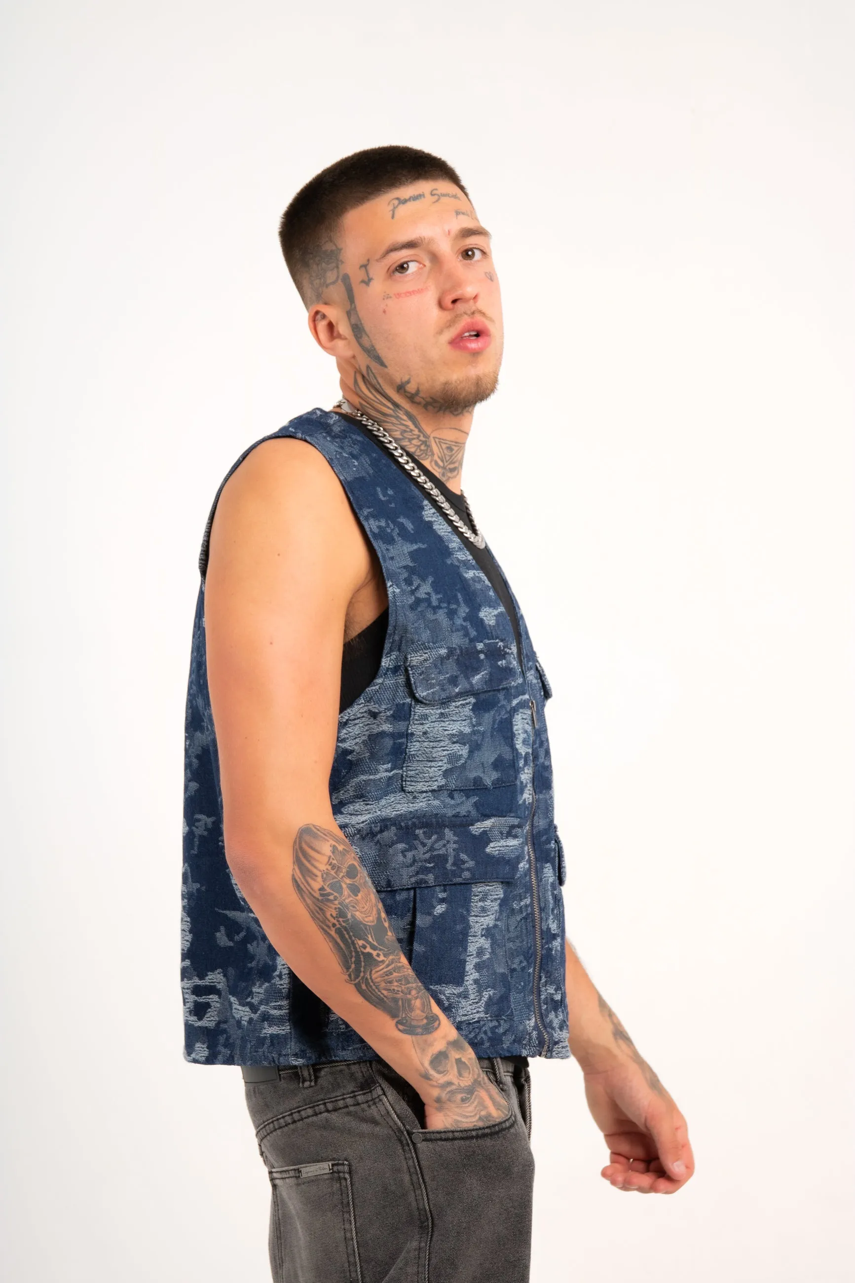 Blue Textured Camo Denim Gilet Vest