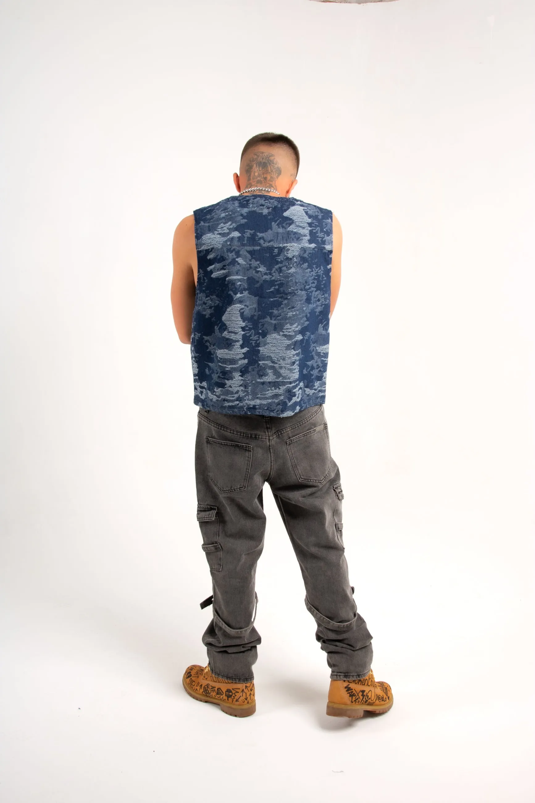 Blue Textured Camo Denim Gilet Vest