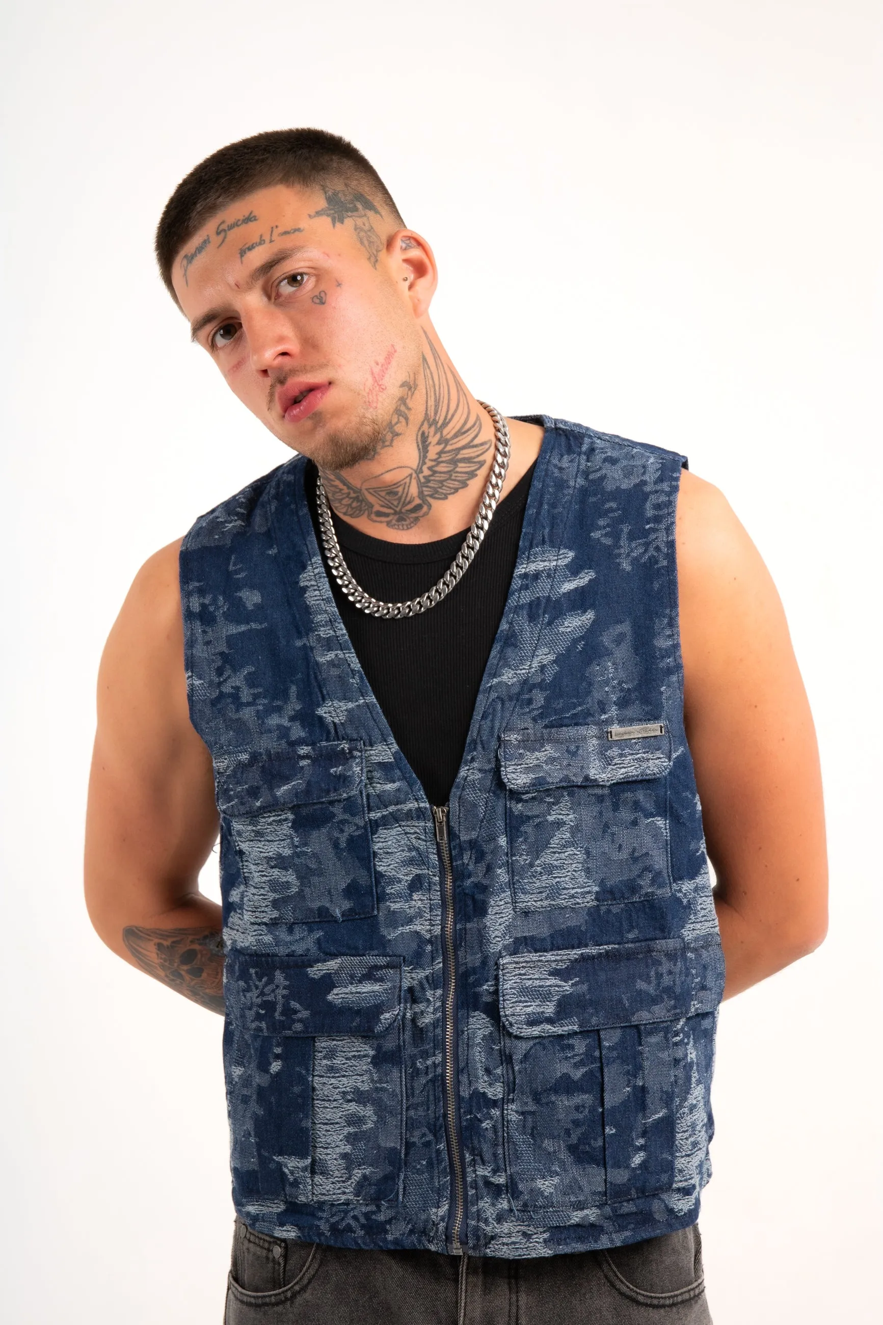 Blue Textured Camo Denim Gilet Vest