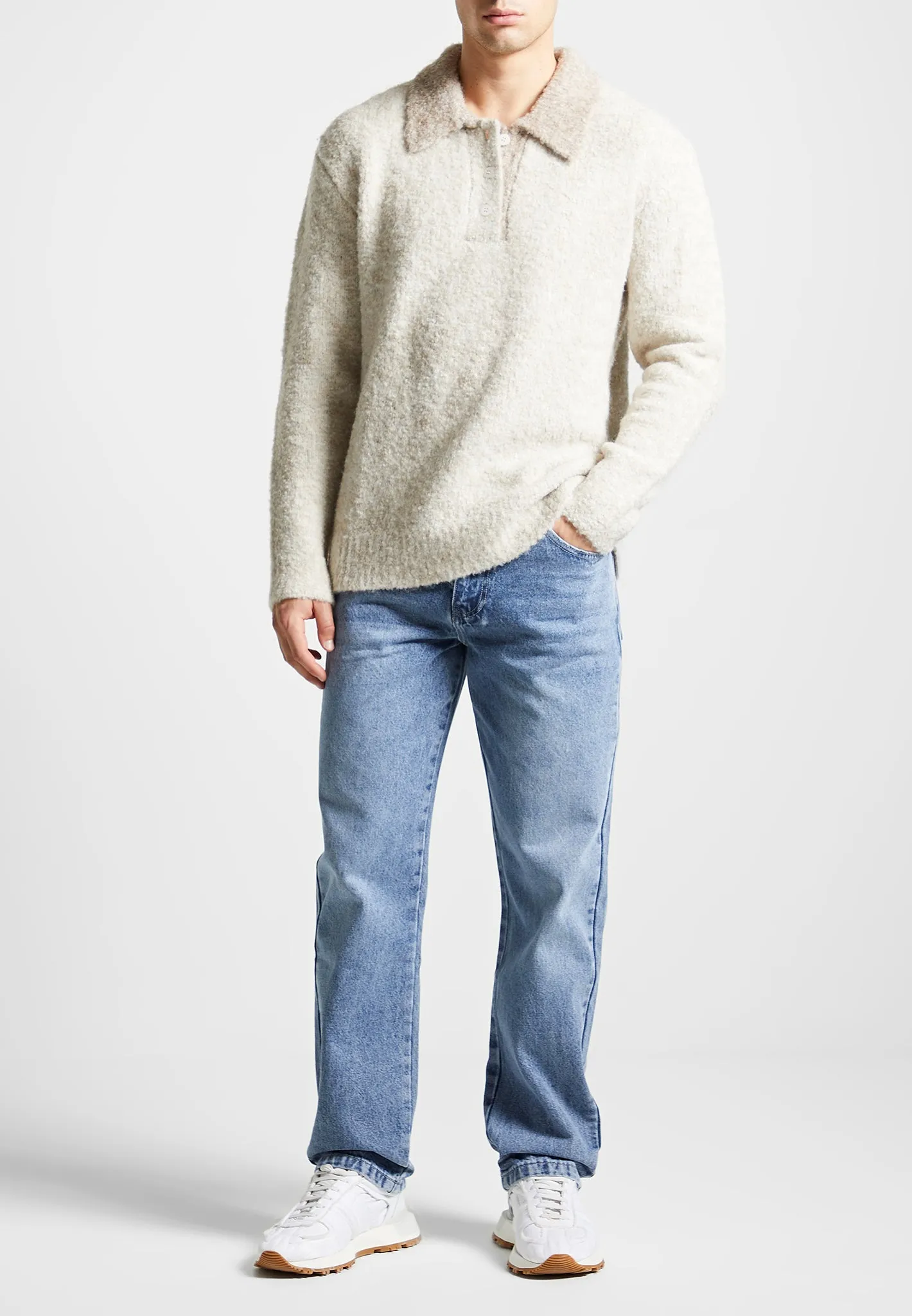 Boucle Knit Contrast Polo Jumper - Cream