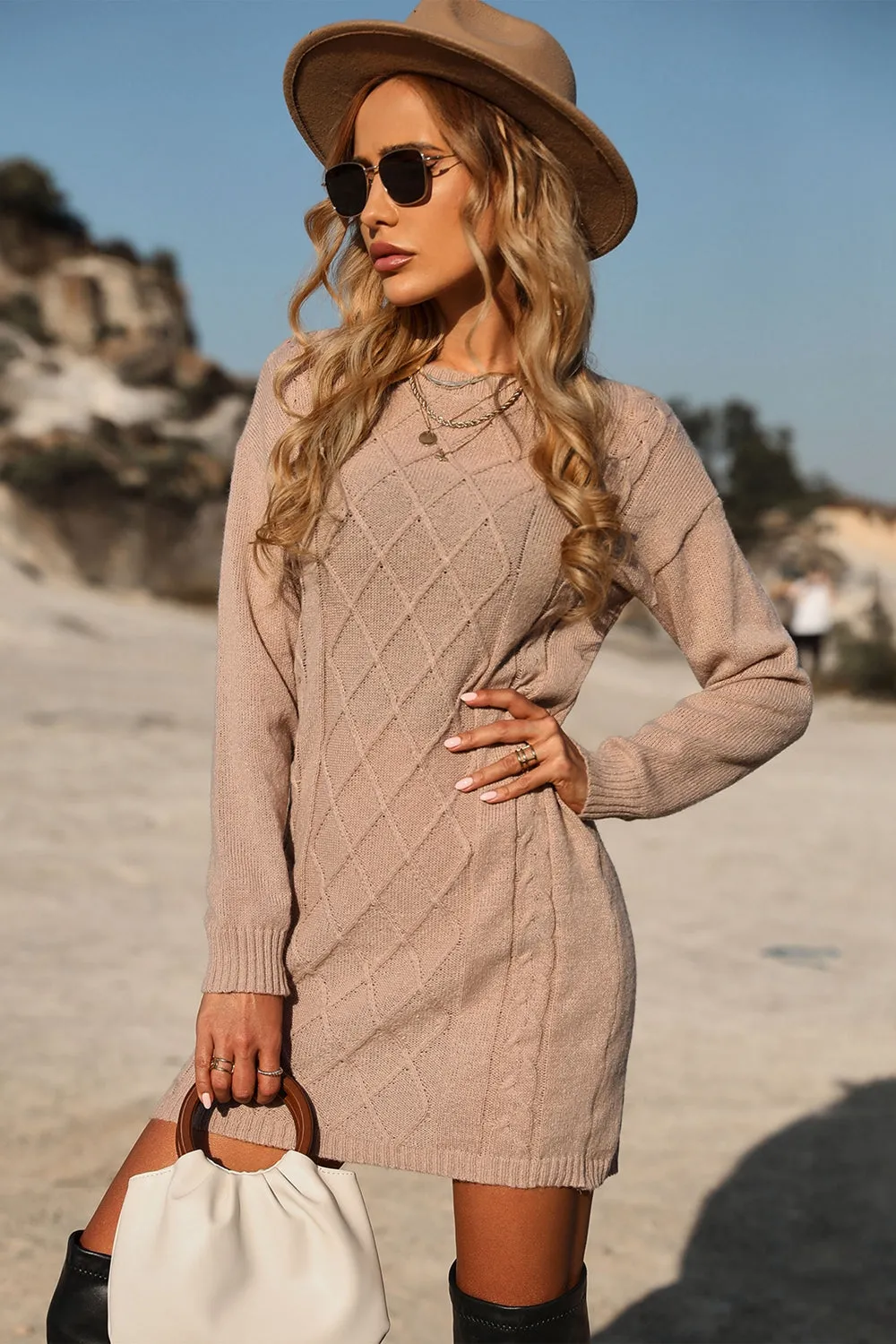 Cable-Knit Round Neck Mini Sweater Dress