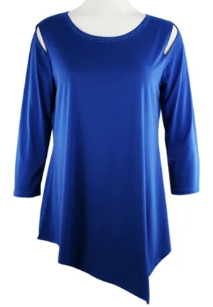 Cactus Fashion - Open Shoulder Royal Blue Long Sleeve Scoop Neck Tunic Top