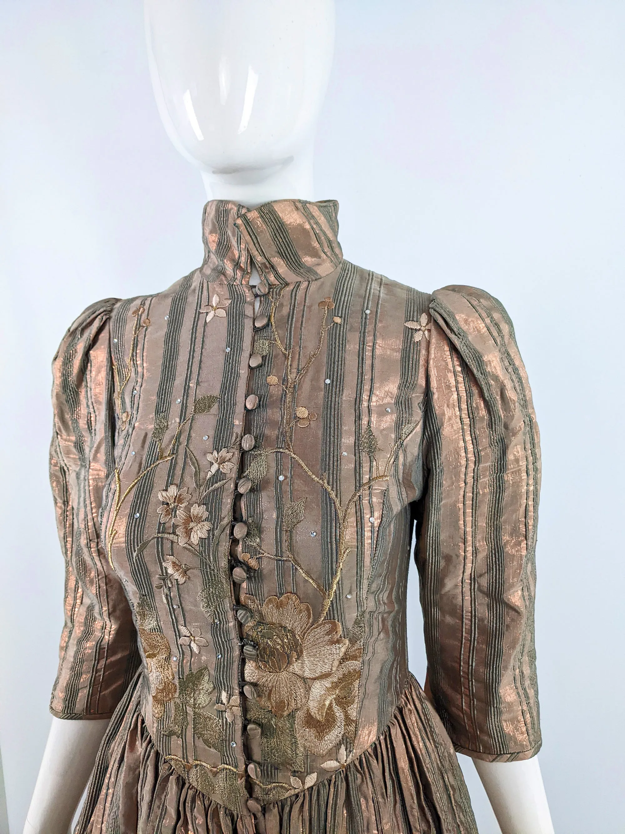 Caroline Charles Vintage Pale Metallic Bronze Embroidered Dress, 1980s