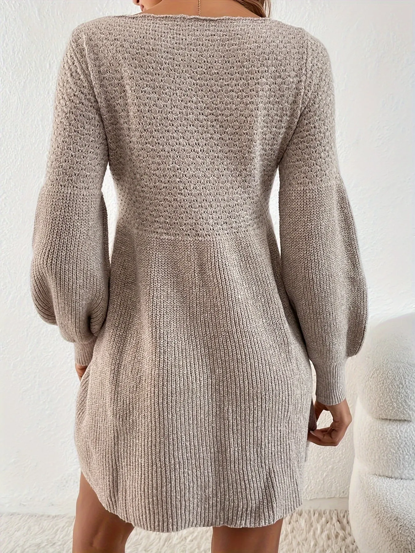 Chic French-Inspired A-Line Sweater Dress with Lantern Sleeves - Versatile Solid Color, Knit Fabric, Perfect for All Seasons