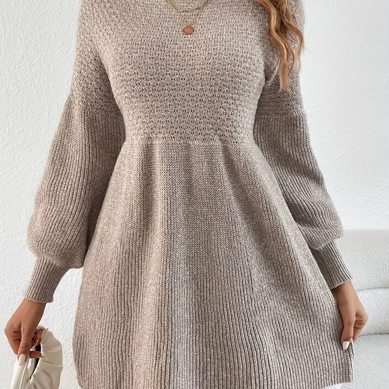 Chic French-Inspired A-Line Sweater Dress with Lantern Sleeves - Versatile Solid Color, Knit Fabric, Perfect for All Seasons