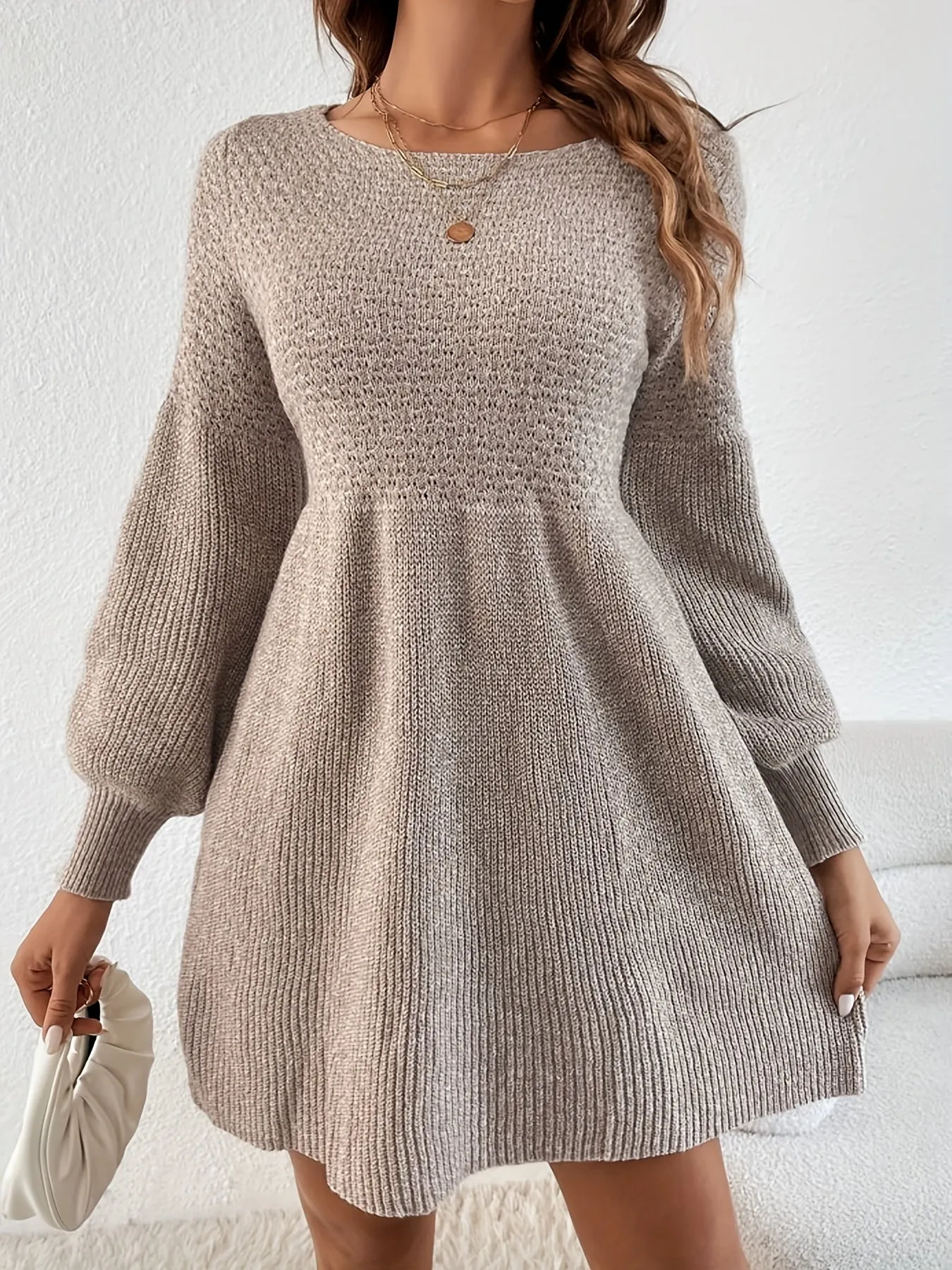 Chic French-Inspired A-Line Sweater Dress with Lantern Sleeves - Versatile Solid Color, Knit Fabric, Perfect for All Seasons