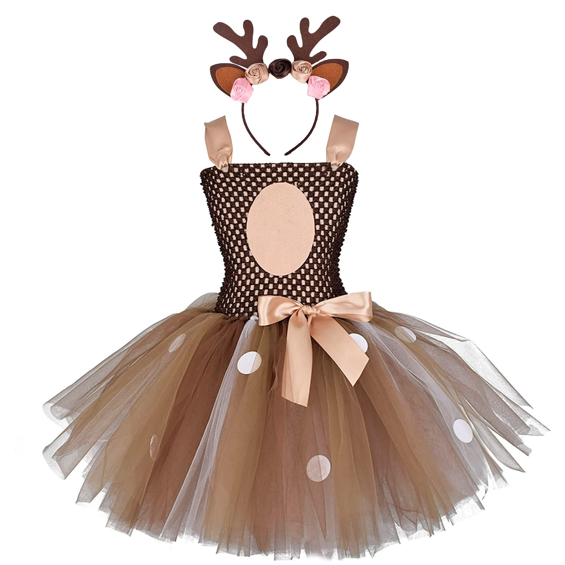 Christmas Girl Elk Dress Rose Headband Tutu Dress Deer Skirt