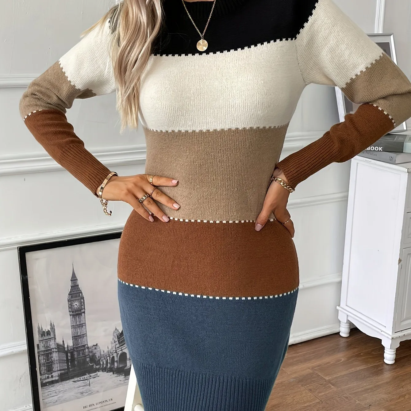 Color Block Long Sleeve Dress, Elegant Crew Neck Dress, Women's Clothing