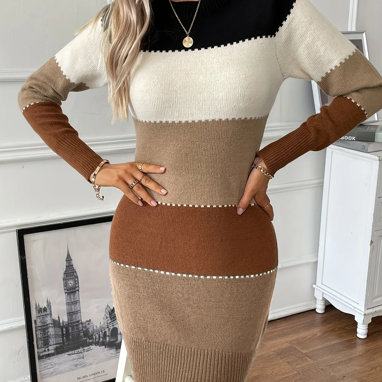 Color Block Long Sleeve Dress, Elegant Crew Neck Dress, Women's Clothing