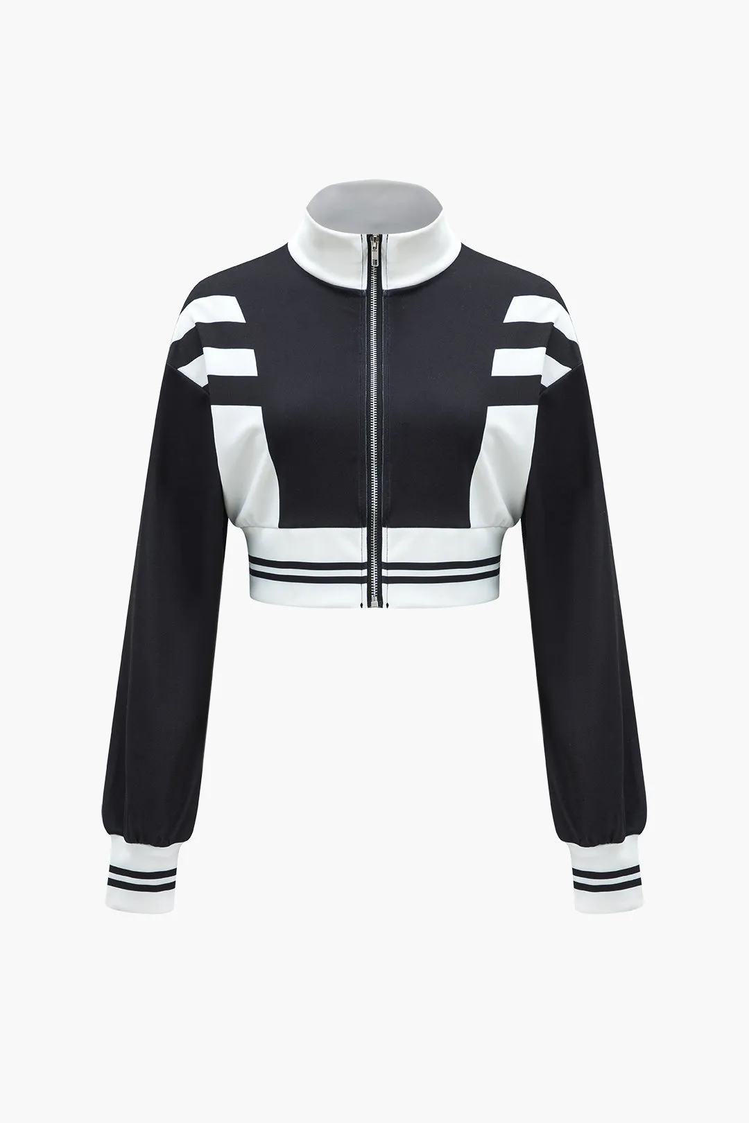 Contrast Zipper Collar Cropped Jacket And Trousers Set