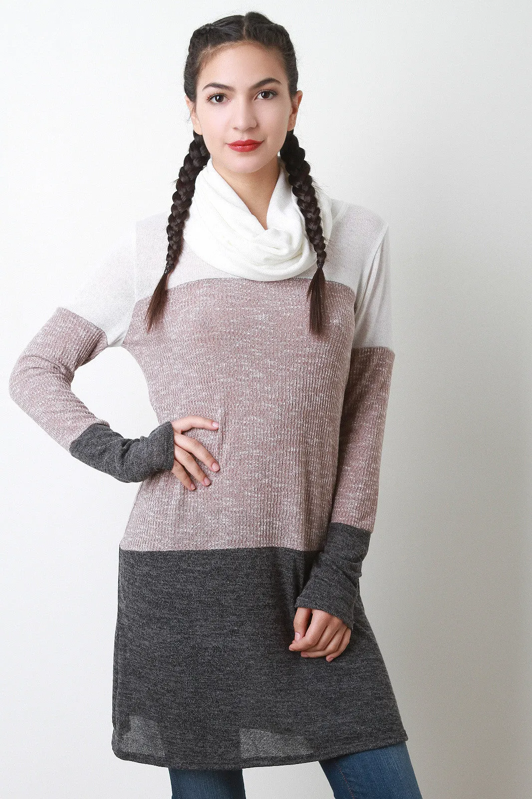 Cowl Neck Mixed Knit Sweater Dress